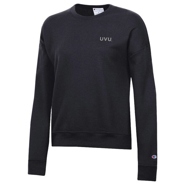 Women's Fit black Champion crew, Small embroidered tan UVU on the left Chest